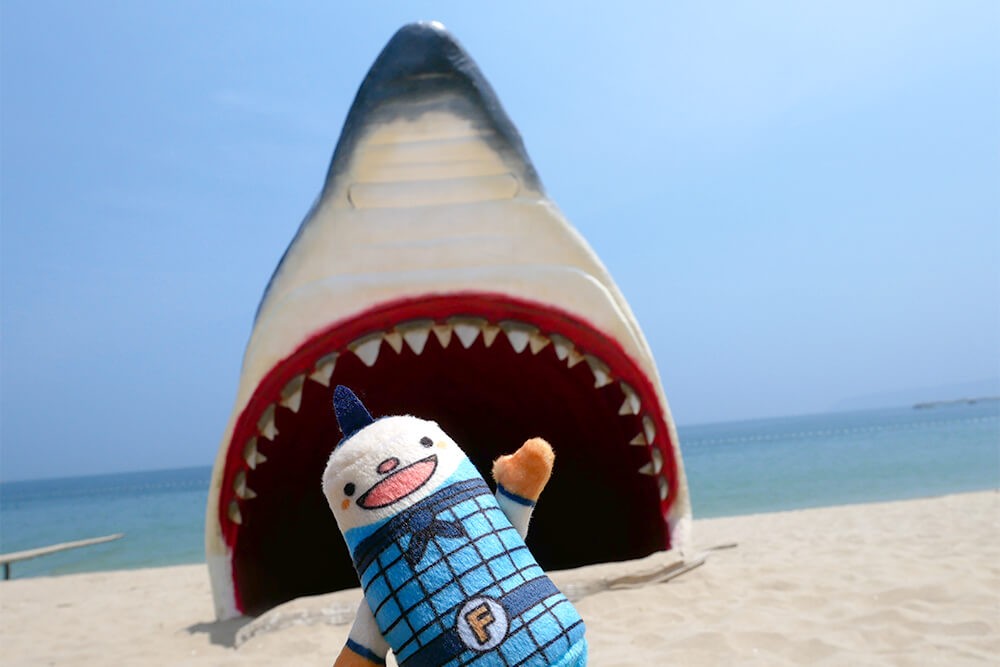 糸島の海水浴場のサメのフォトスポット